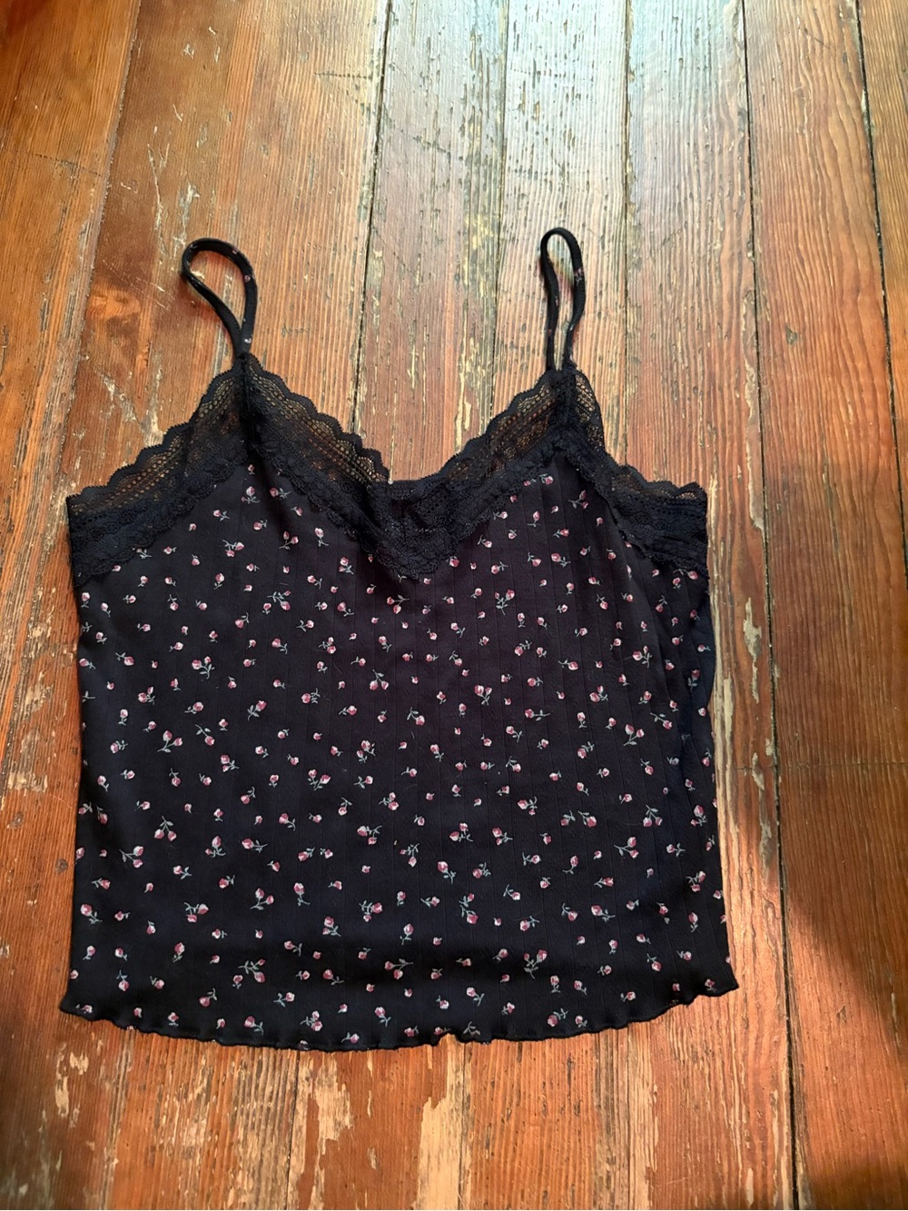 Black Floral Lace-Trim Tank Top
